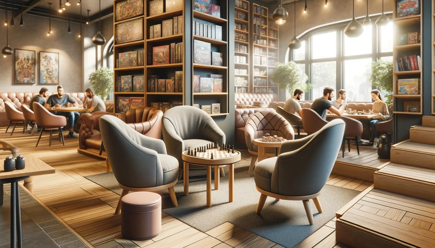 The inside of Boardwalk Games with bookshelves filled with boardgames, and wooden tables to play at