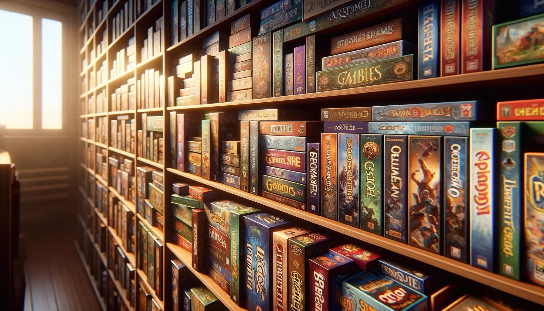 Bookshelves filled with boardgames
