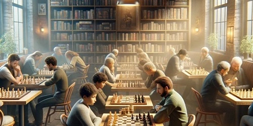 A library filled with people playing chess